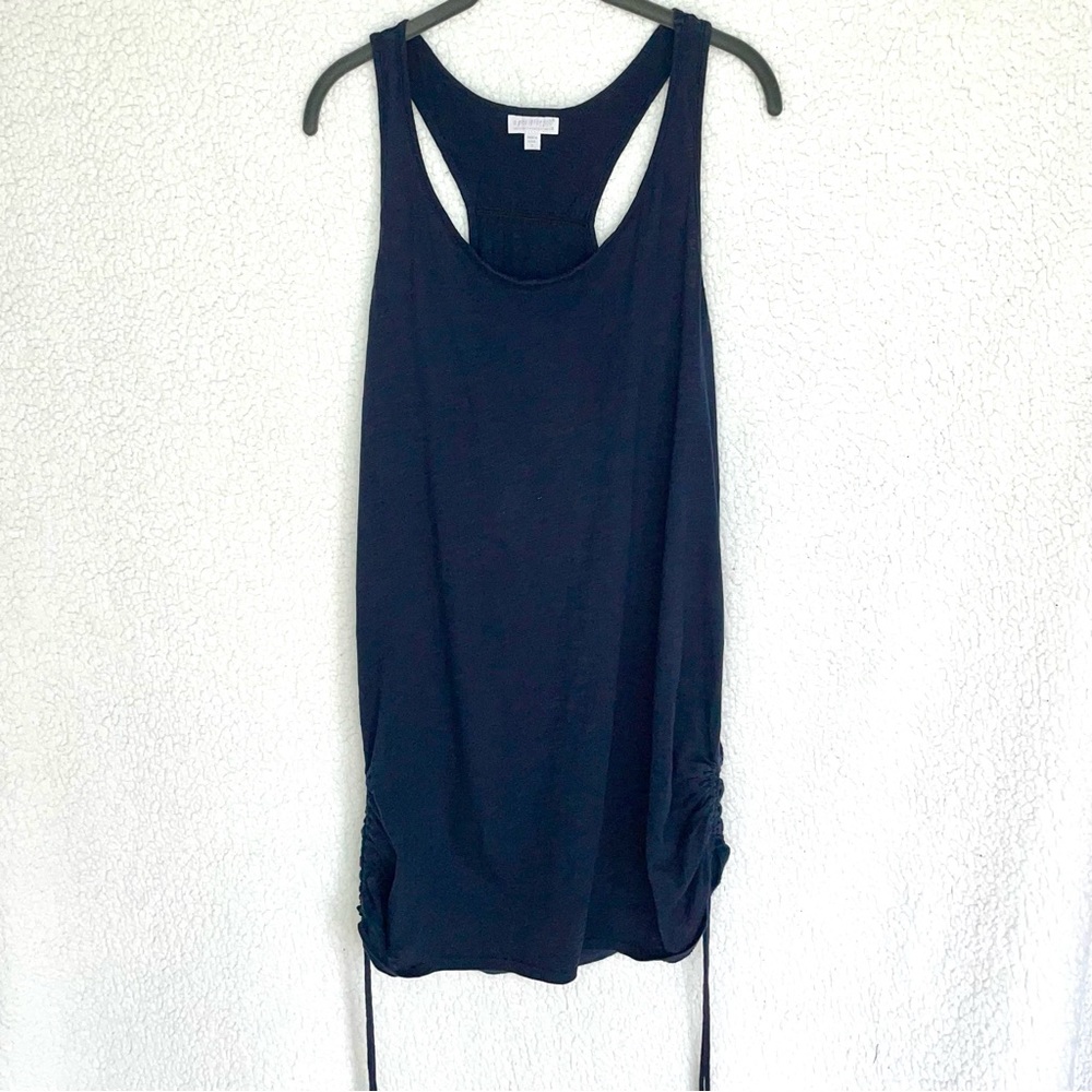 EUC A Pea in the Pod navy sleeveless tunic gathered w/ drawstrings, racer-back